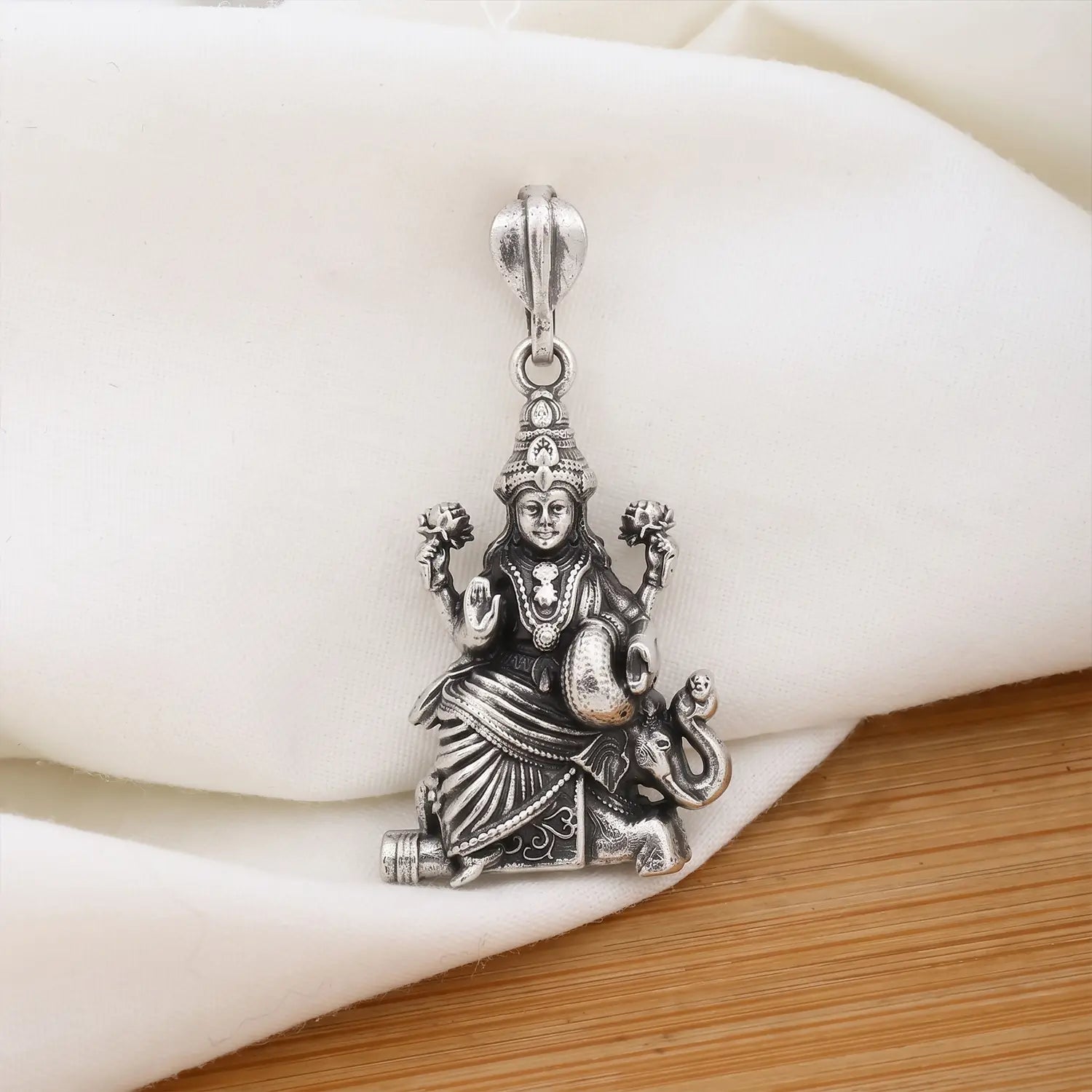Divine Goddess Lakshmi Oxidised Silver Pendant - Made With Pure 925 Silver