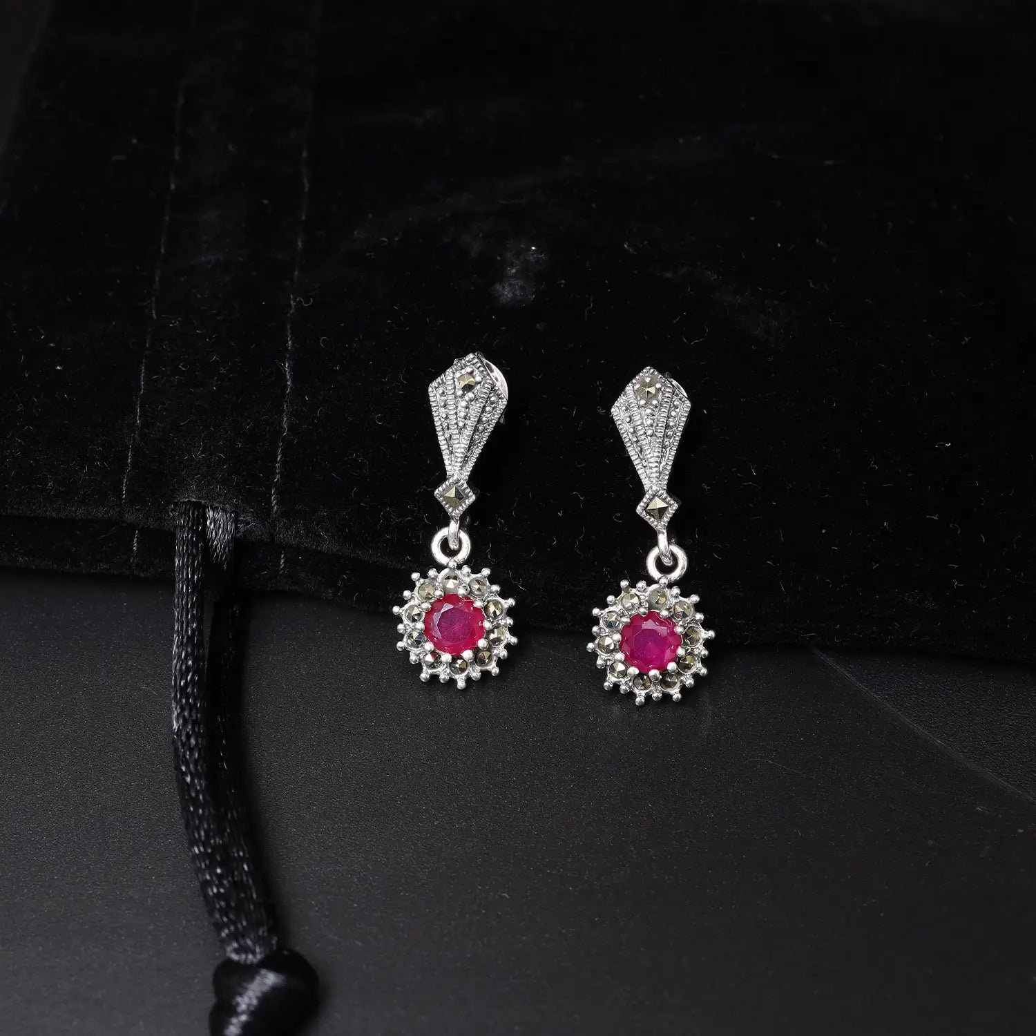Ruby Bloom Oxidized Silver Drop Earrings- Made With Pure 925 Silver