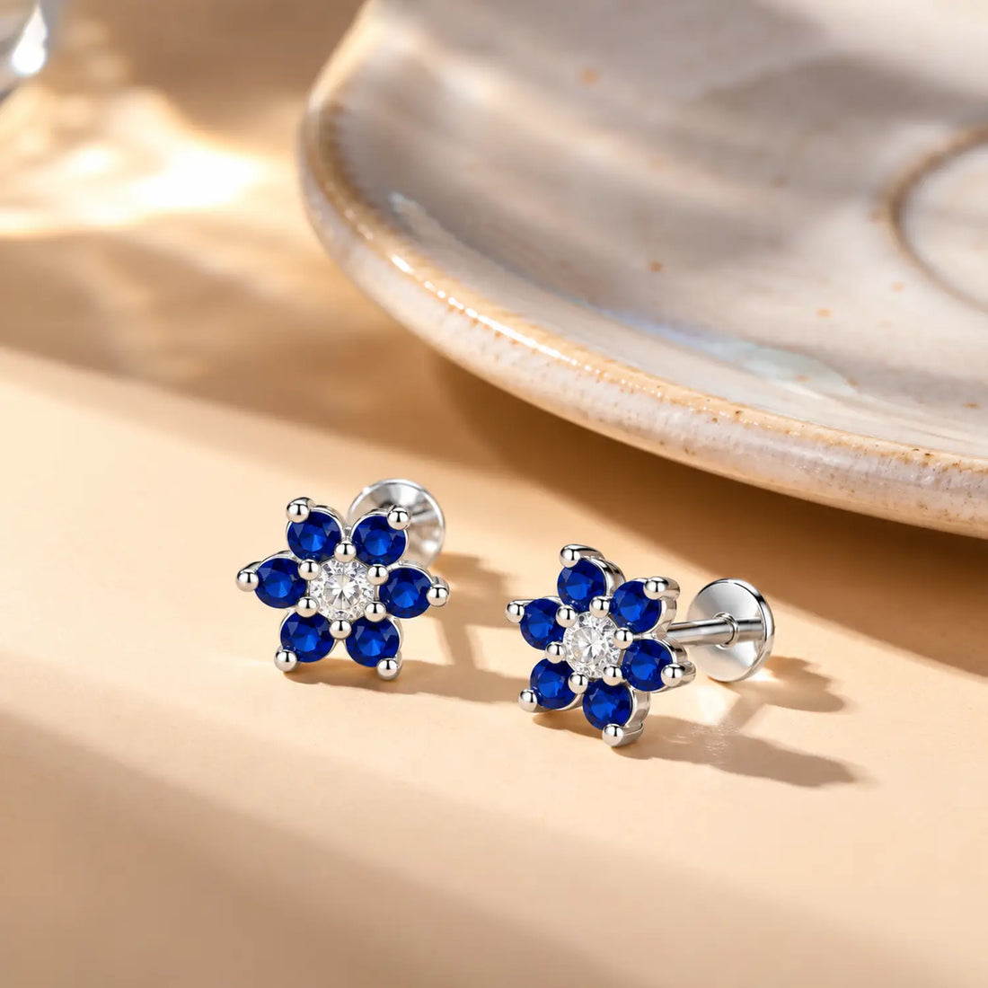 Black Floral Gemstone Silver Stud Earrings - Made With Pure 925 Silver