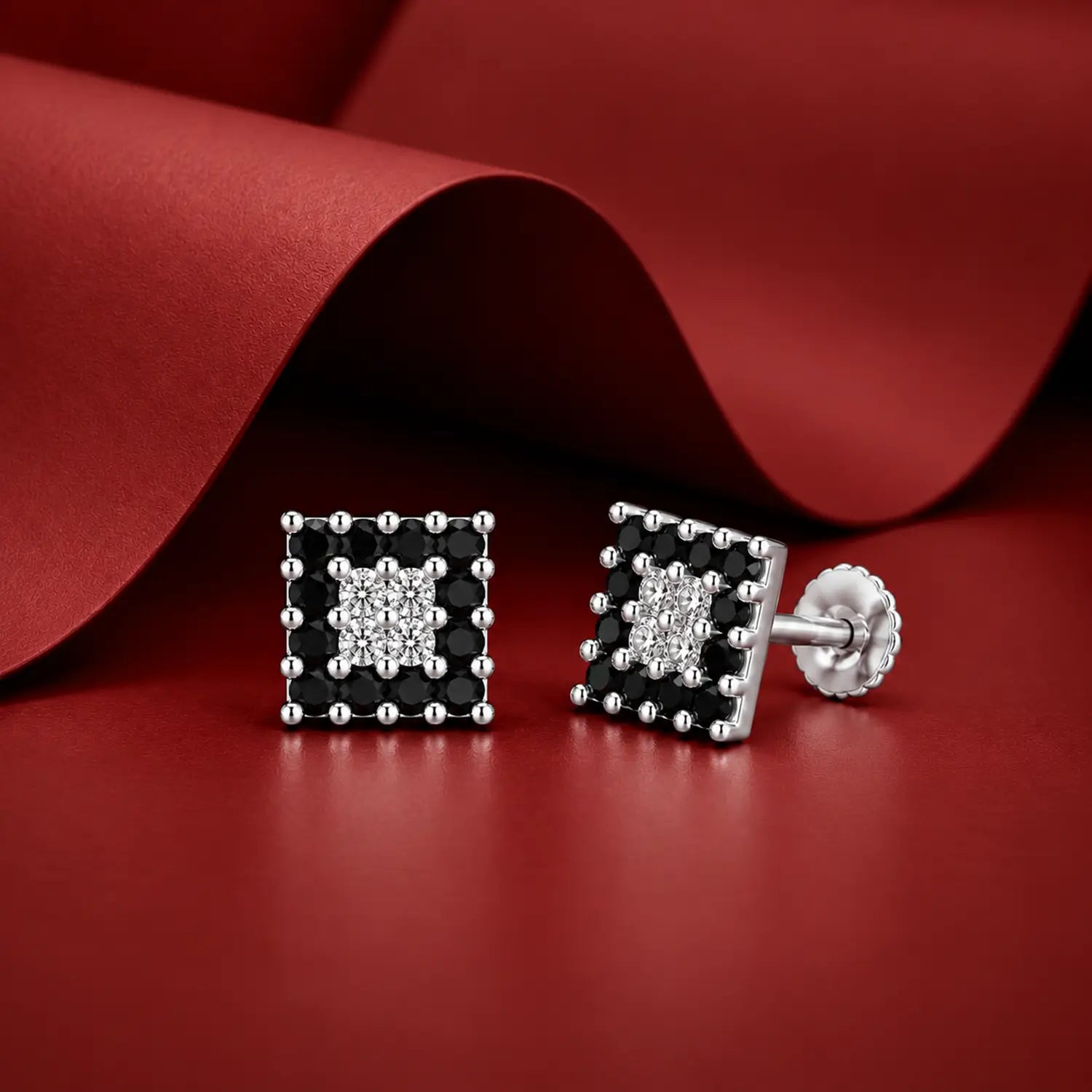 Orange & White Square Gemstone Silver Stud Earrings - Made With Pure 925 Silver