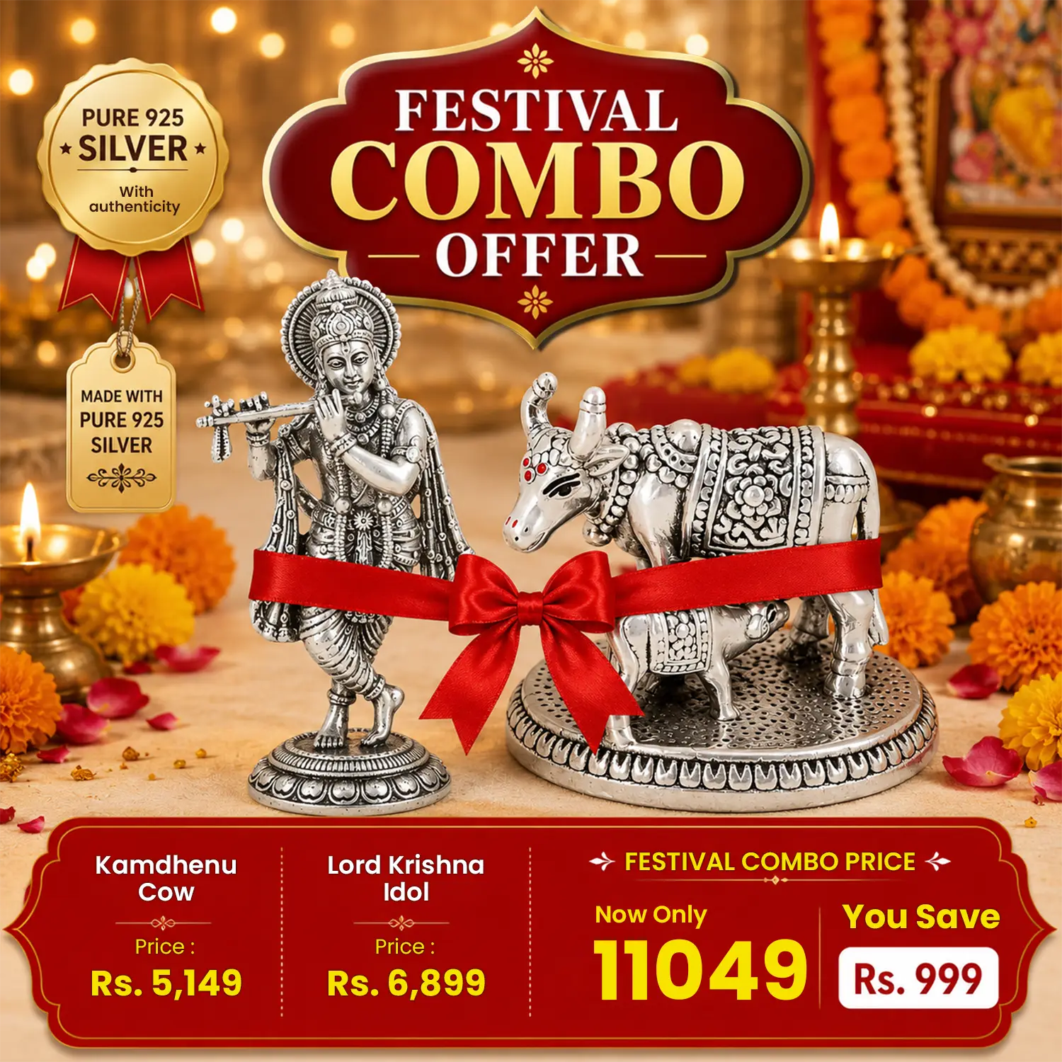 Kamdhenu Cow & Lord Krishna Silver Idol Festival Combo - Made With Pure 925 Silver