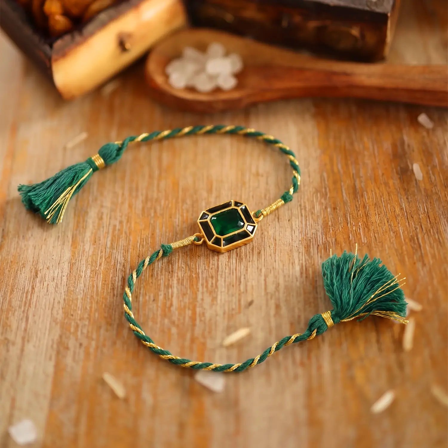 Emerald Green Stone Silver Rakhi - Made With Pure 925 Silver