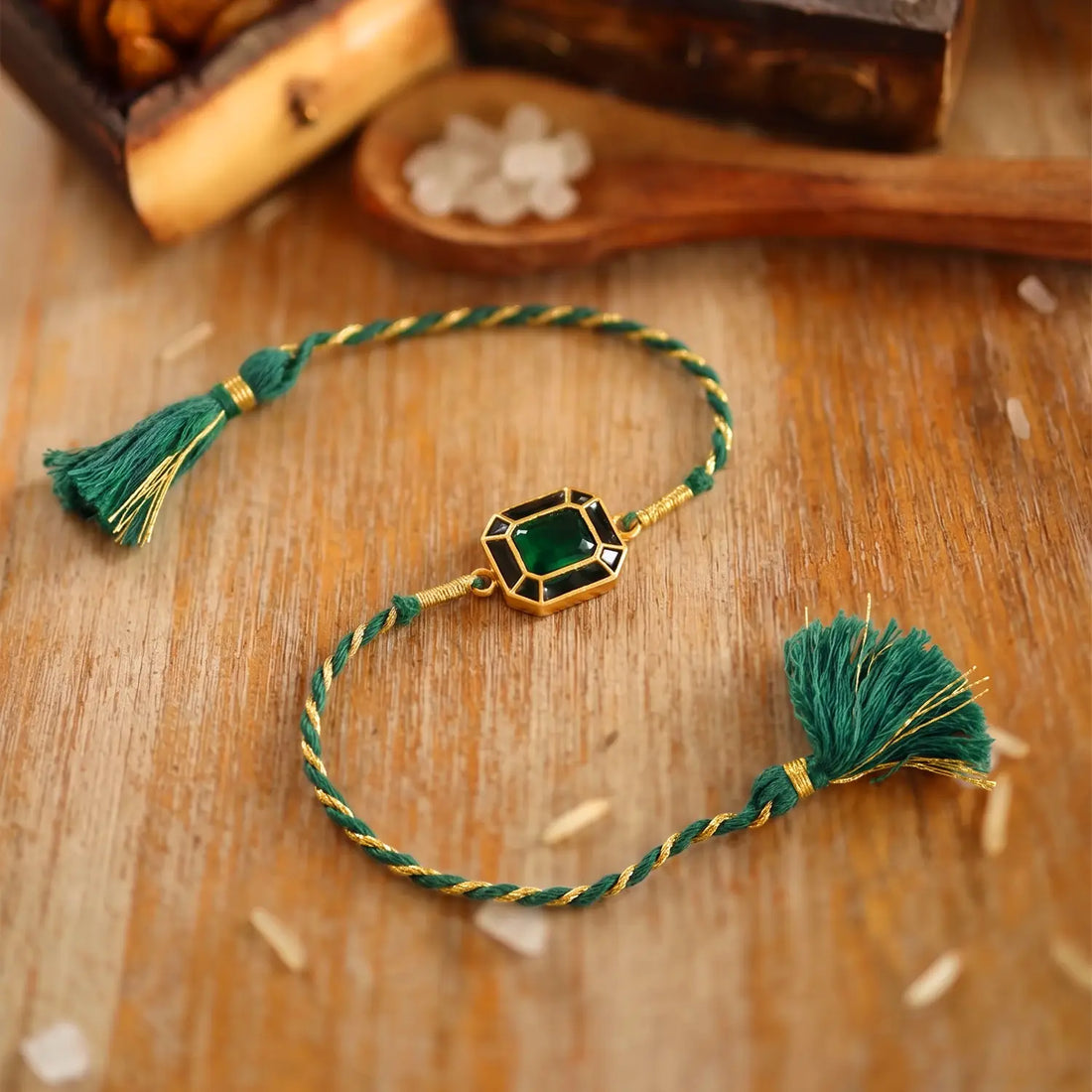 Emerald Green Stone Silver Rakhi - Made With Pure 925 Silver