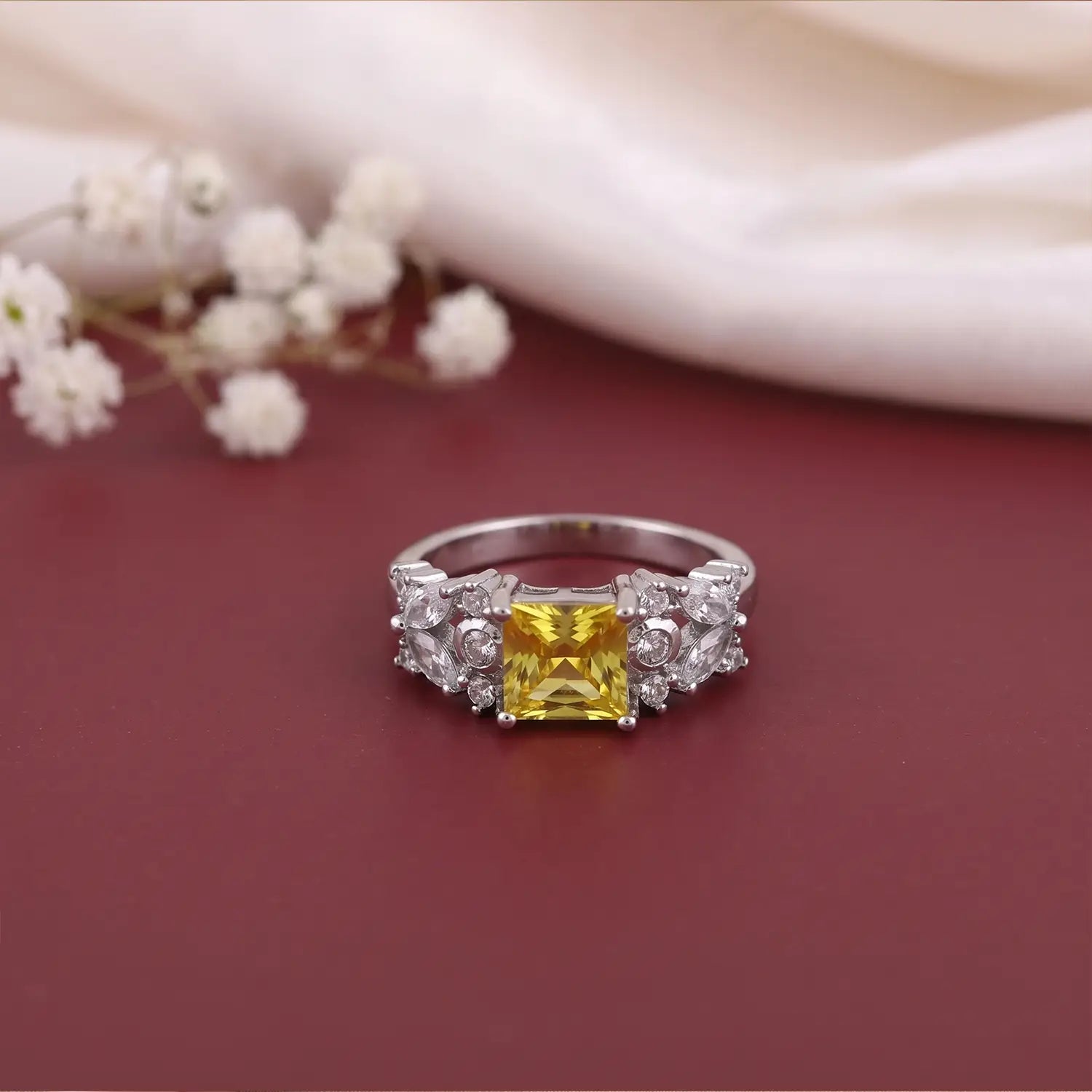 Pure Silver Yellow Princess-Cut Ring - Made With Pure 925 Silver