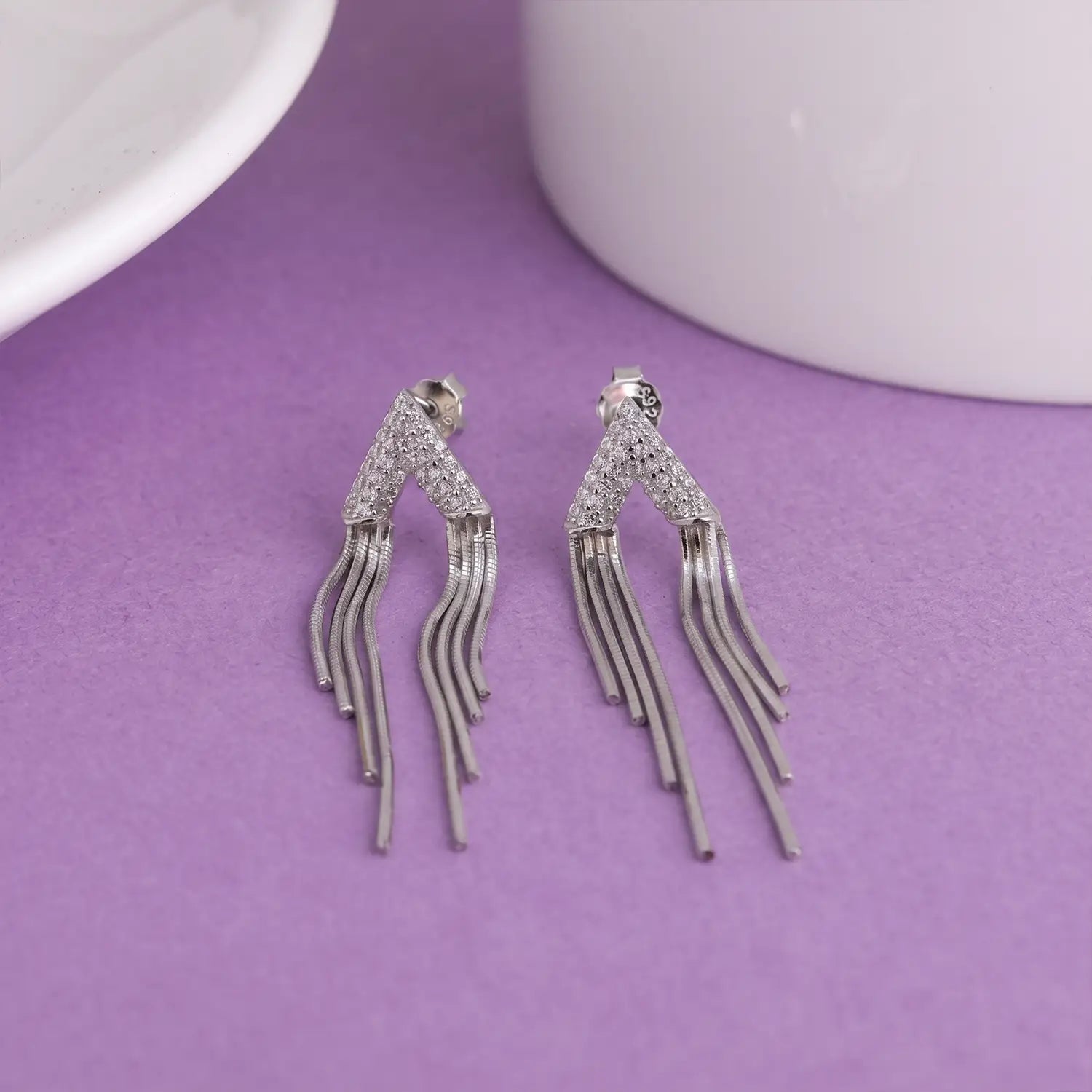 Sparkling V-Shaped Tassel Silver Earrings - Made With Pure 925 Silver