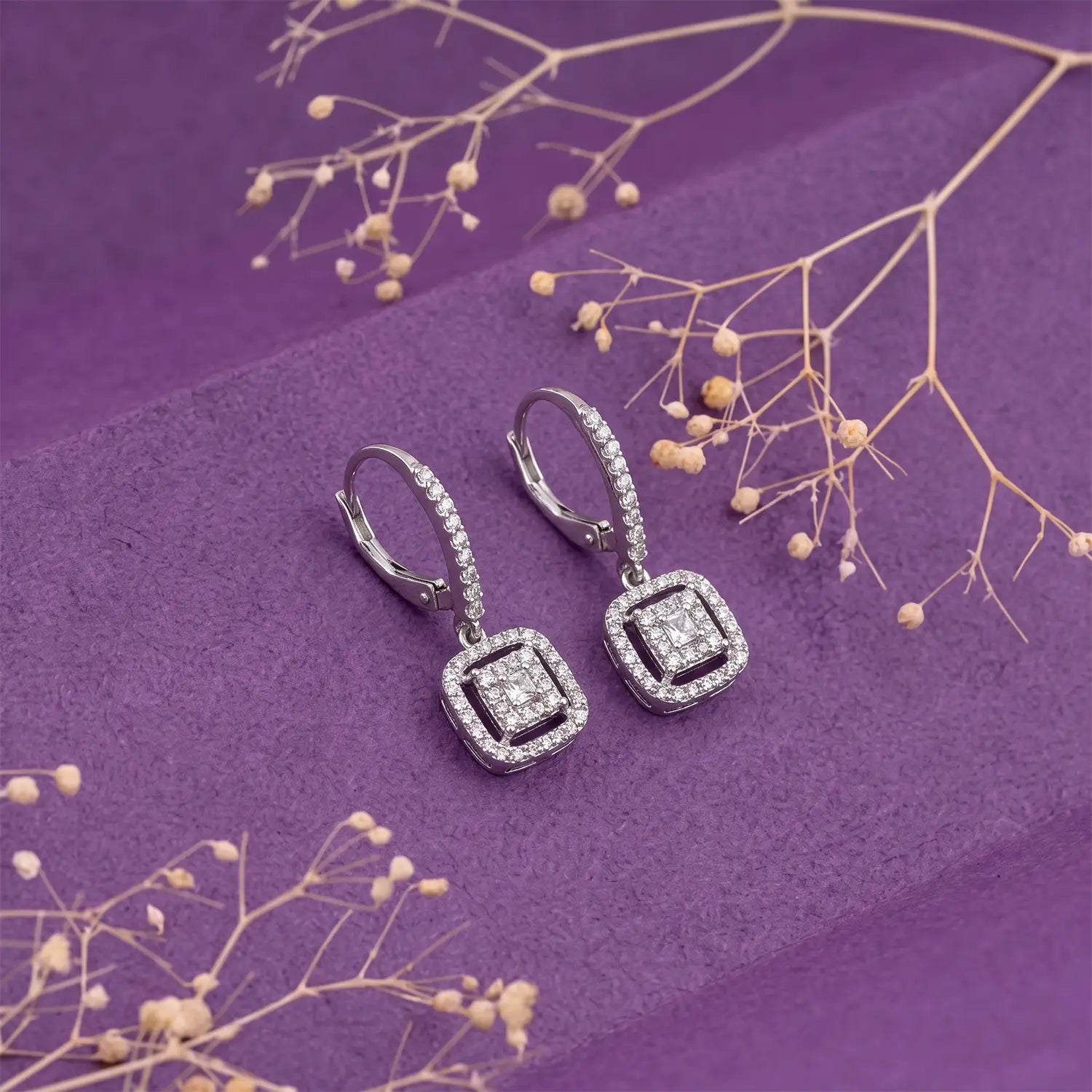 Elegant Square Halo Drop Earrings - Made With Pure 925 Silver