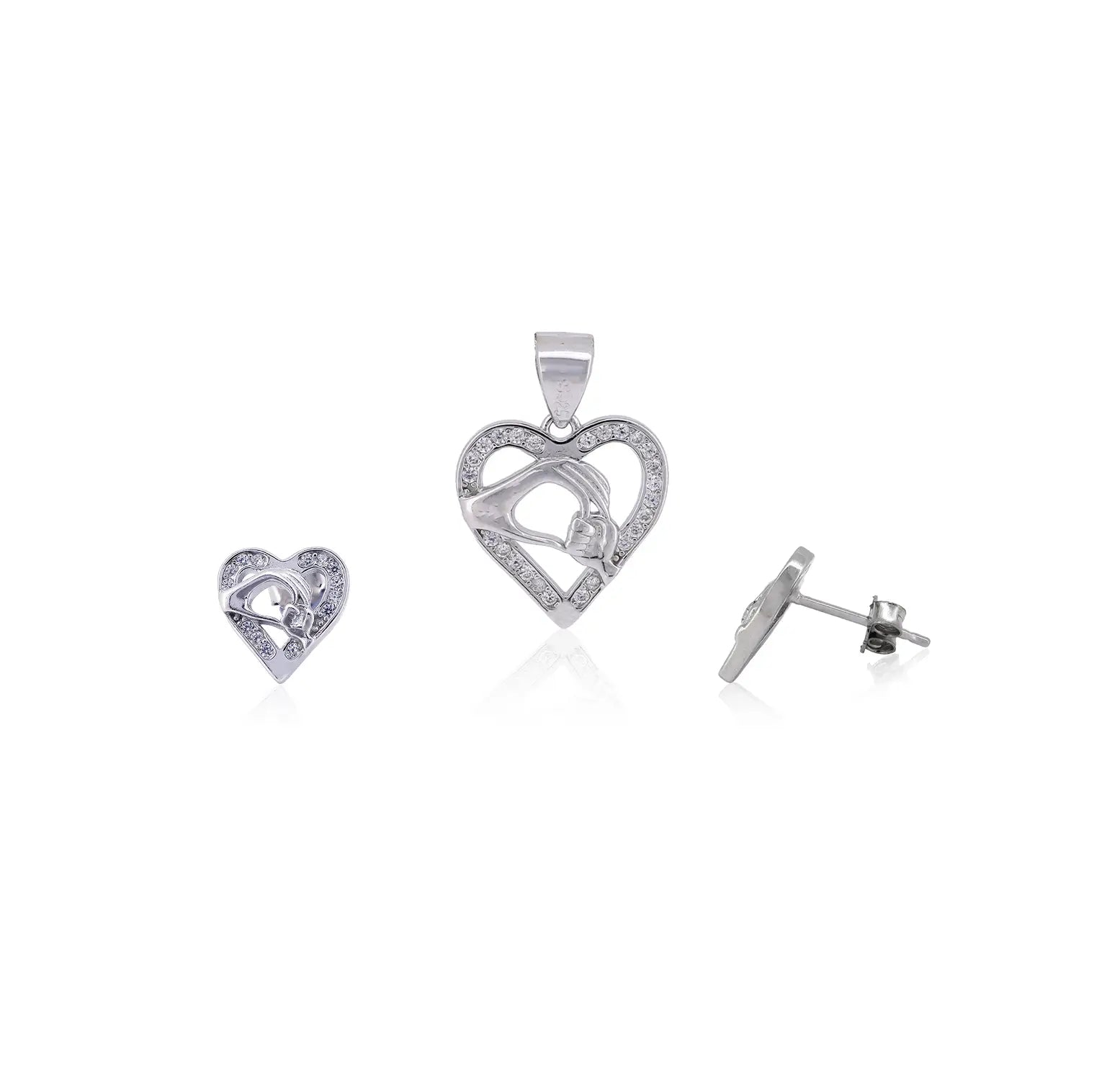 Mother Baby Hand Holding Love Heart Pendent & Earrings Set - Made With Pure 925 Silver