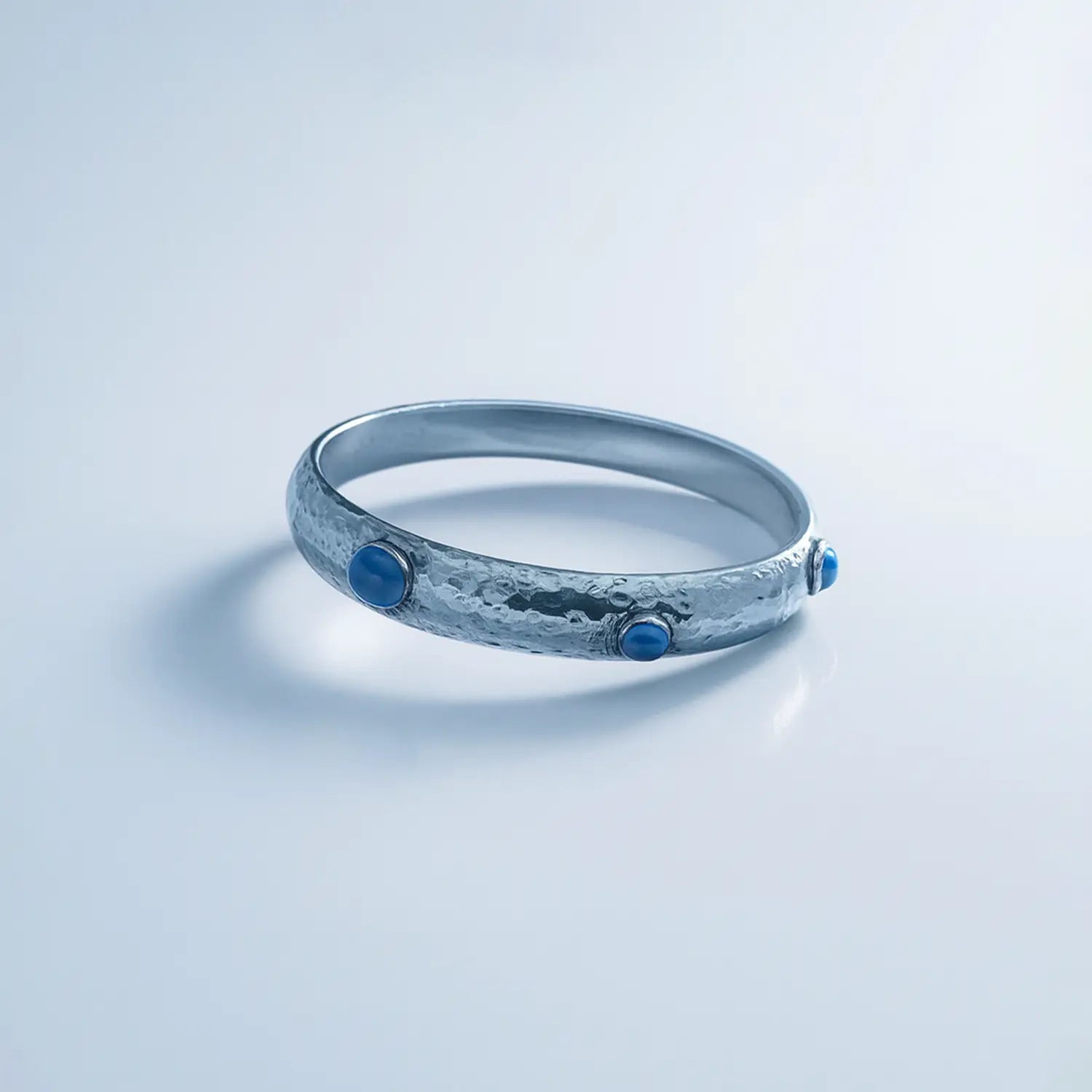 Hammered Silver Kada with Blue Stone Accents - Made With Pure 925 Silver