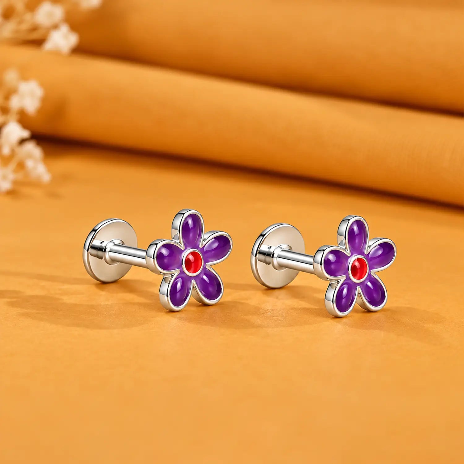 Purple Floral Enamel Silver Stud Earrings - Made With Pure 925 Silver