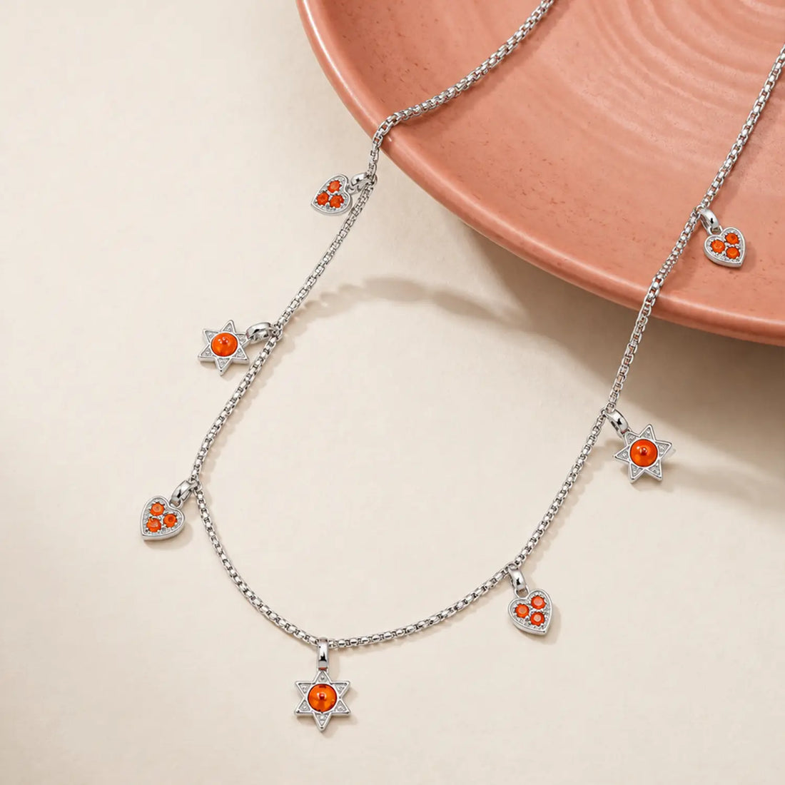 Orange Heart & Star Charm Chain - Made With Pure 925 Silver