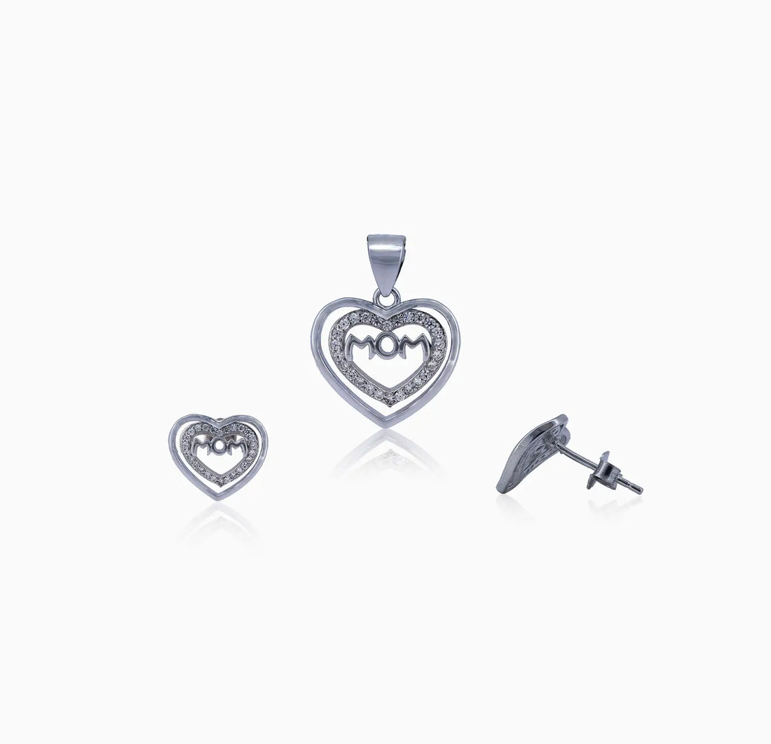 Silver Mom Pendant with & Earrings Set with CZ Stones - Made With Pure 925 Silver