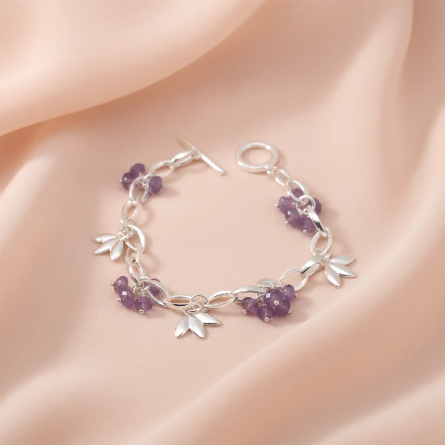 Amethyst Leaf Charm Sterling Silver Bracelet - Made With Pure 925 Silver
