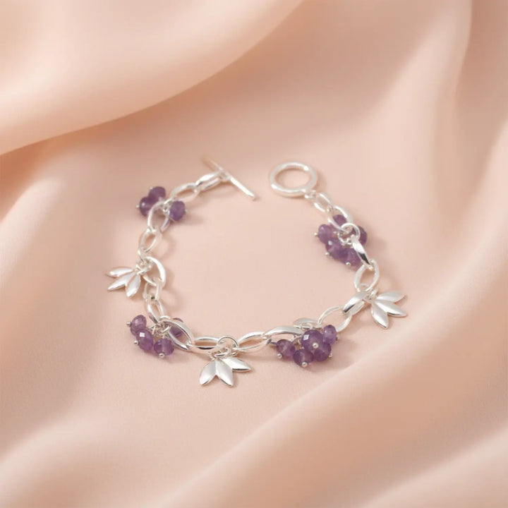 Amethyst Leaf Charm Sterling Silver Bracelet - Made With Pure 925 Silver