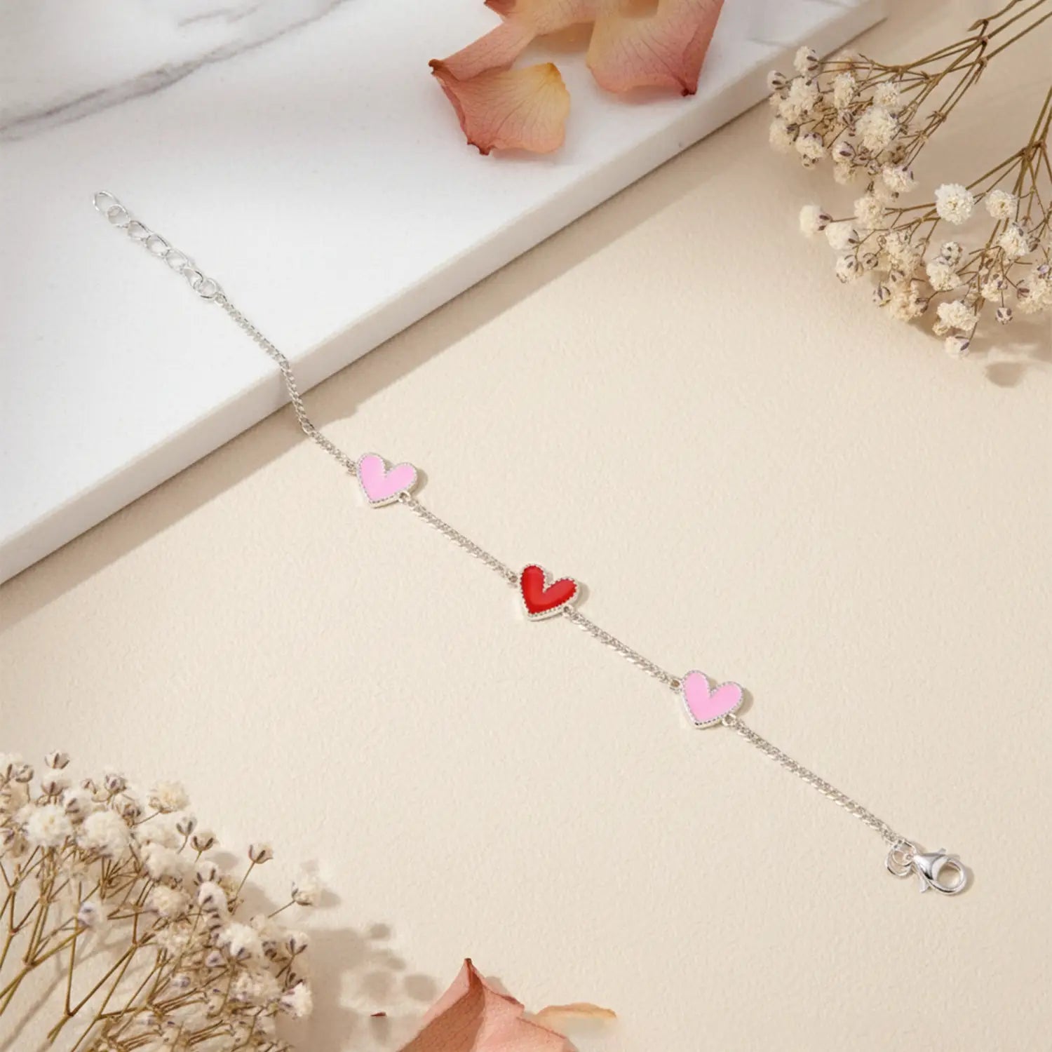 Triple Heart Charm Pure Silver Bracelet- Made With Pure 925 Silver