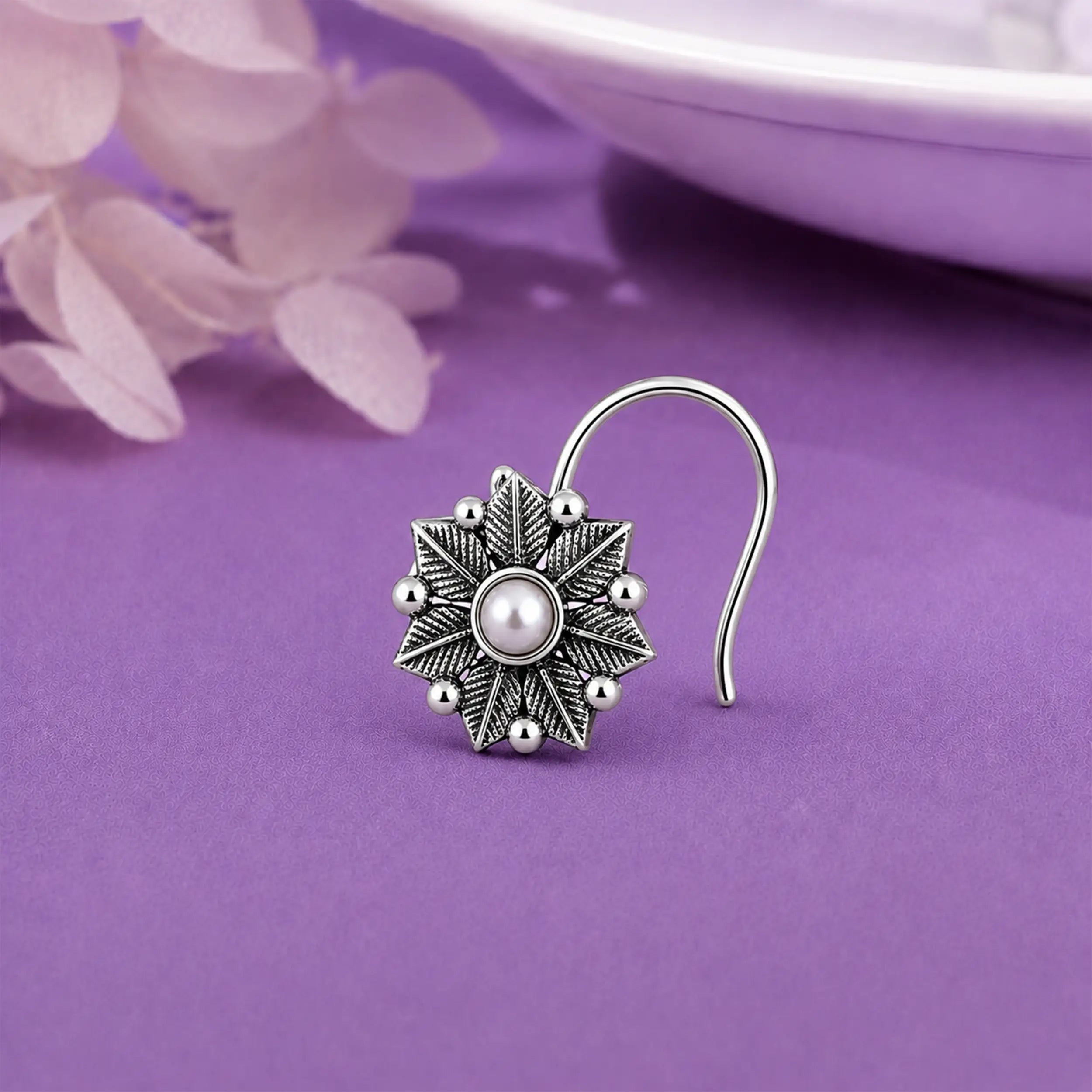 Oxidized Silver Floral Nose Pin- Made With Pure 925 Silver