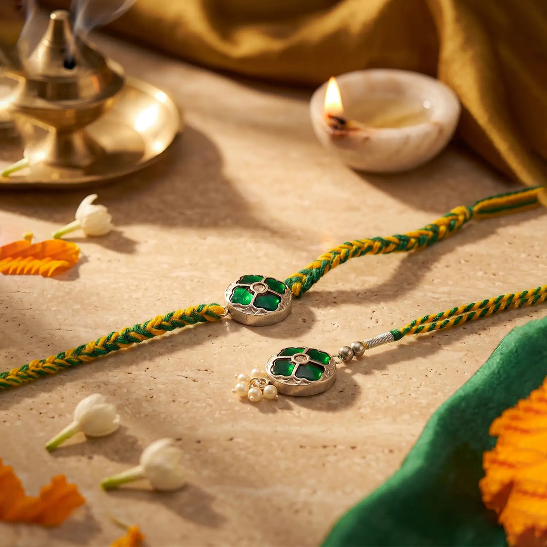 Green Floral Silver Rakhi Set - Made With Pure 925 Silver