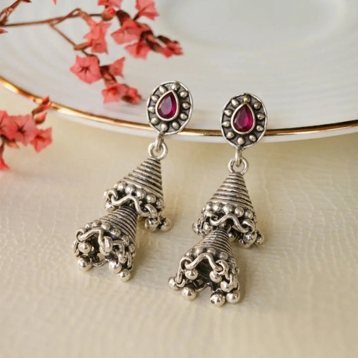 Traditional Ruby Jhumki Sterling Silver Earrings - Made With Pure 925 Silver