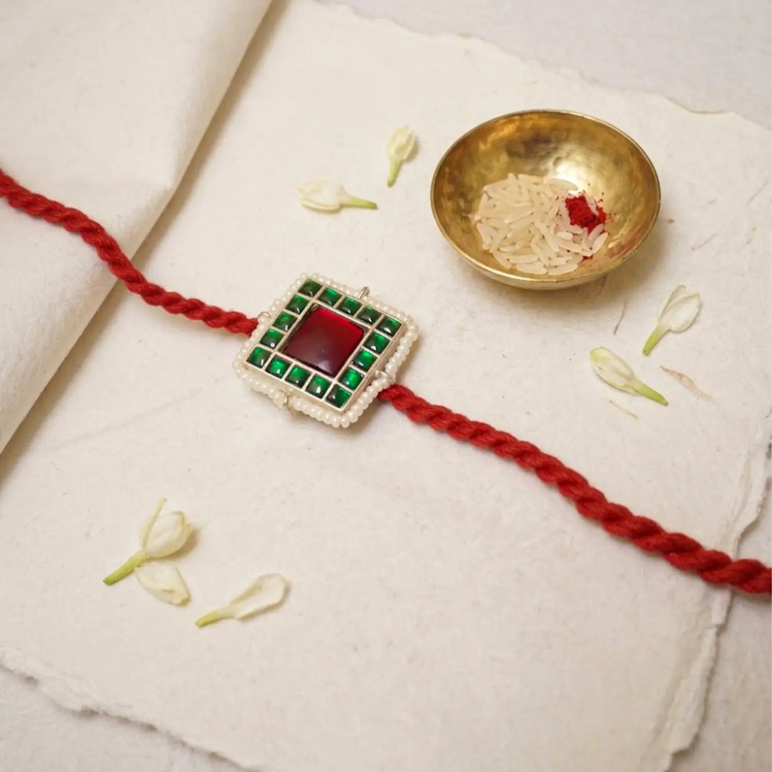 Traditional Silver Rakhi with Red & Green Stone Design - Made With Pure 925 Silver