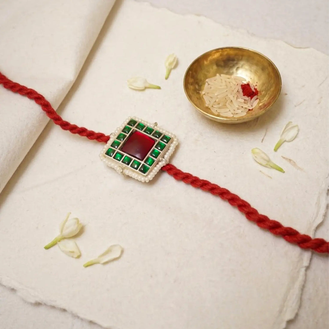 Traditional Silver Rakhi with Red & Green Stone Design - Made With Pure 925 Silver