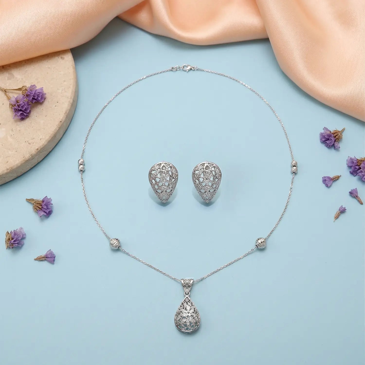 Elegant Teardrop Cutwork Pure Silver Necklace Set- Made With Pure 925 Silver