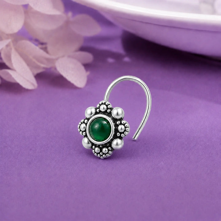 Green Stone Oxidized Silver Nose Pin- Made With Pure 925 Silver