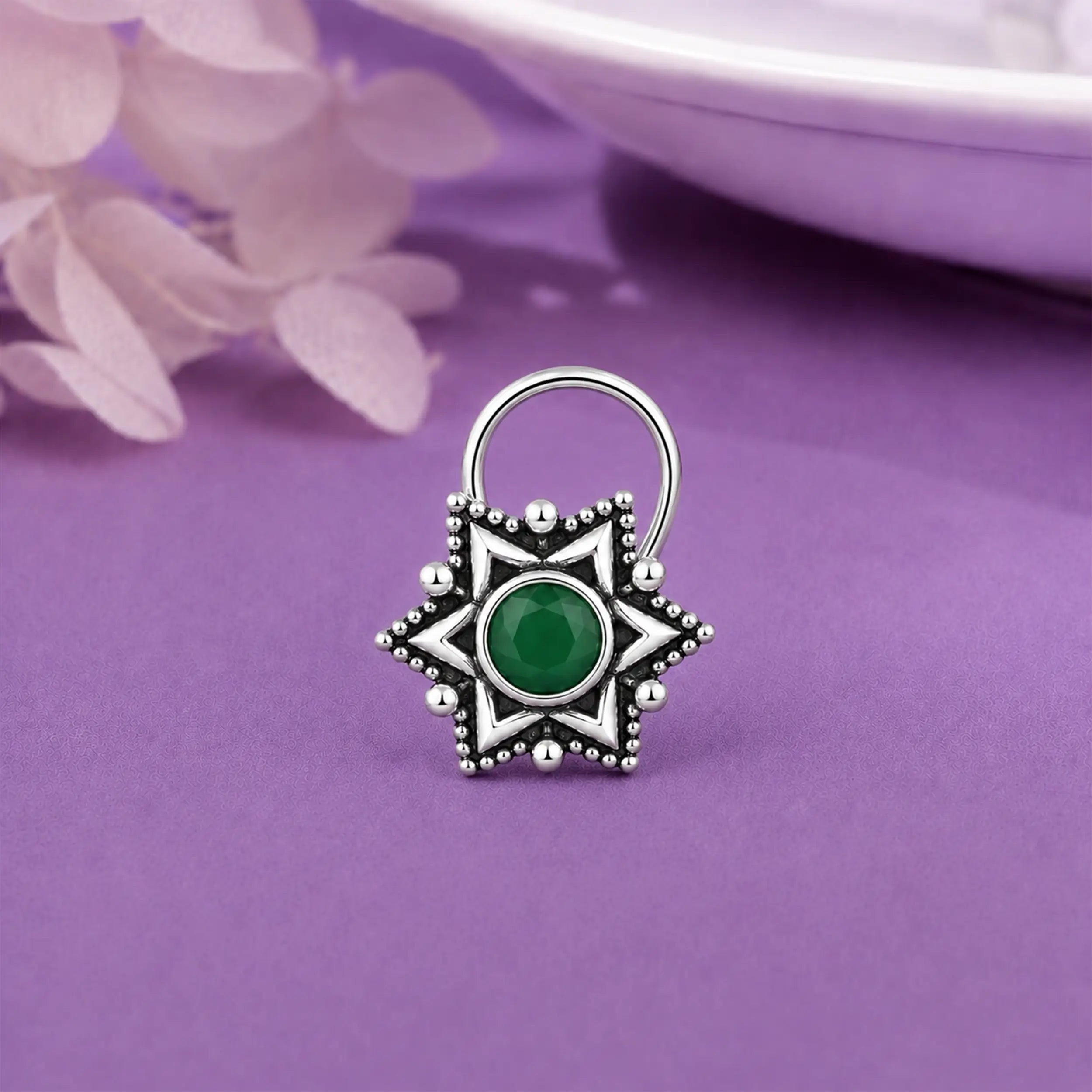 Vintage Star Motif  Silver Nose Ring – Green Stone- Made With Pure 925 Silver