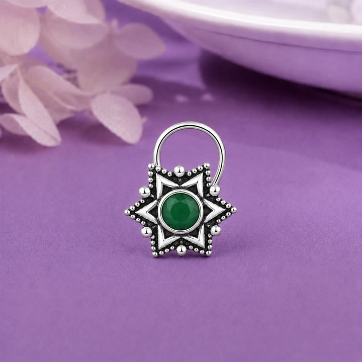 Vintage Star Motif  Silver Nose Ring – Green Stone- Made With Pure 925 Silver