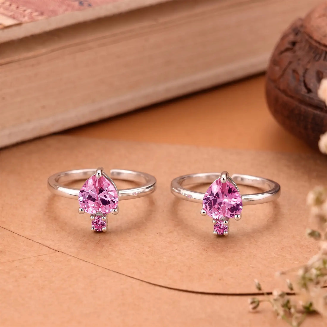 Pure  Silver Pink Heart Stone Adjustable Toe Rings
