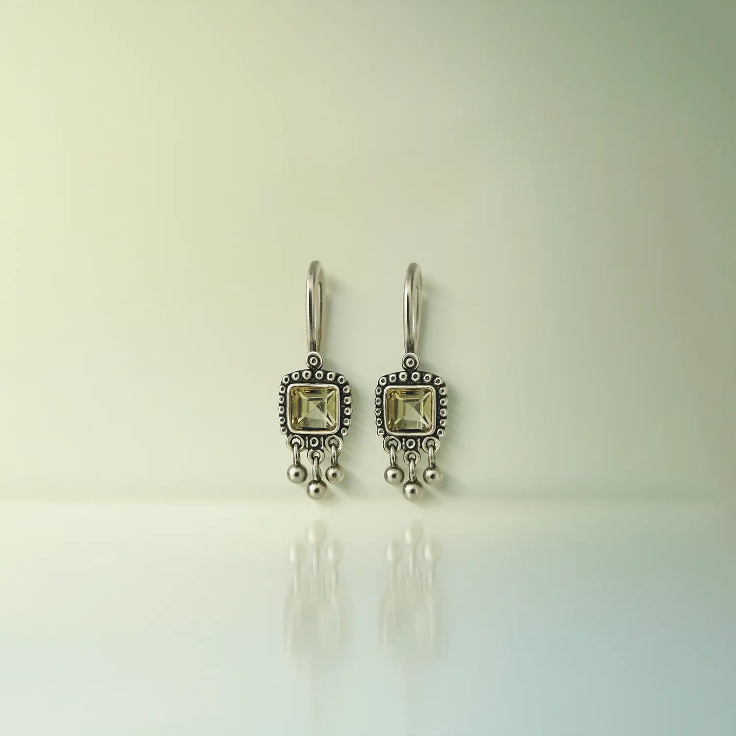 Pure Silver Square Green Stone Earrings- Made With Pure 925 Silver