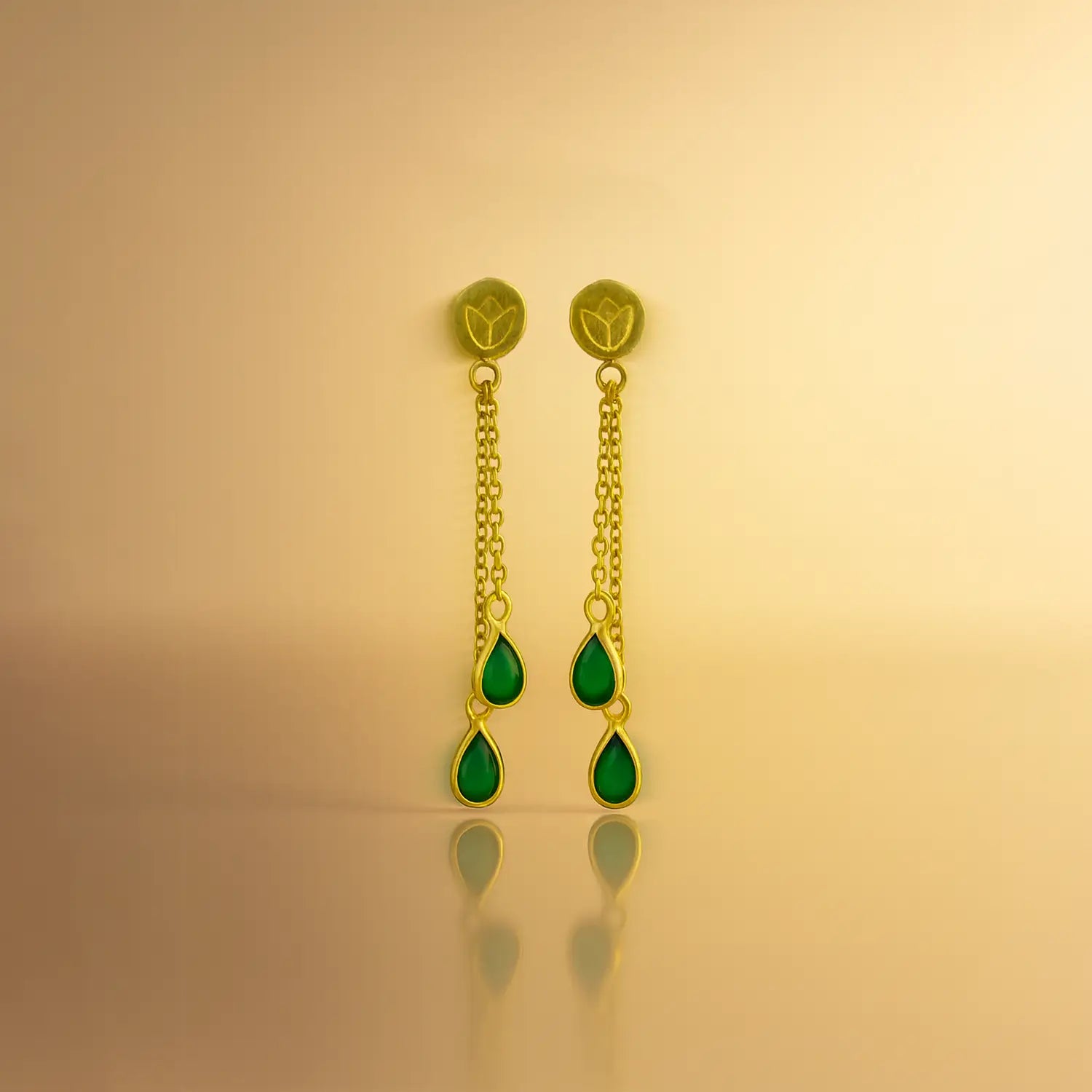 Gold-Plated Sterling Silver Green Drop Chain Earrings- Made With Pure 925 Silver