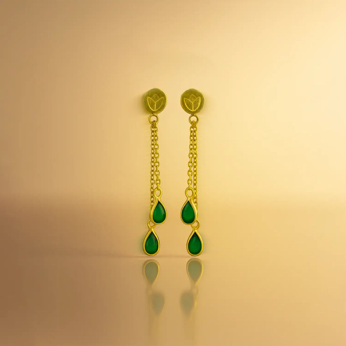 Gold-Plated Sterling Silver Green Drop Chain Earrings- Made With Pure 925 Silver