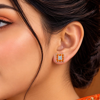 Orange & White Square Gemstone Silver Stud Earrings - Made With Pure 925 Silver