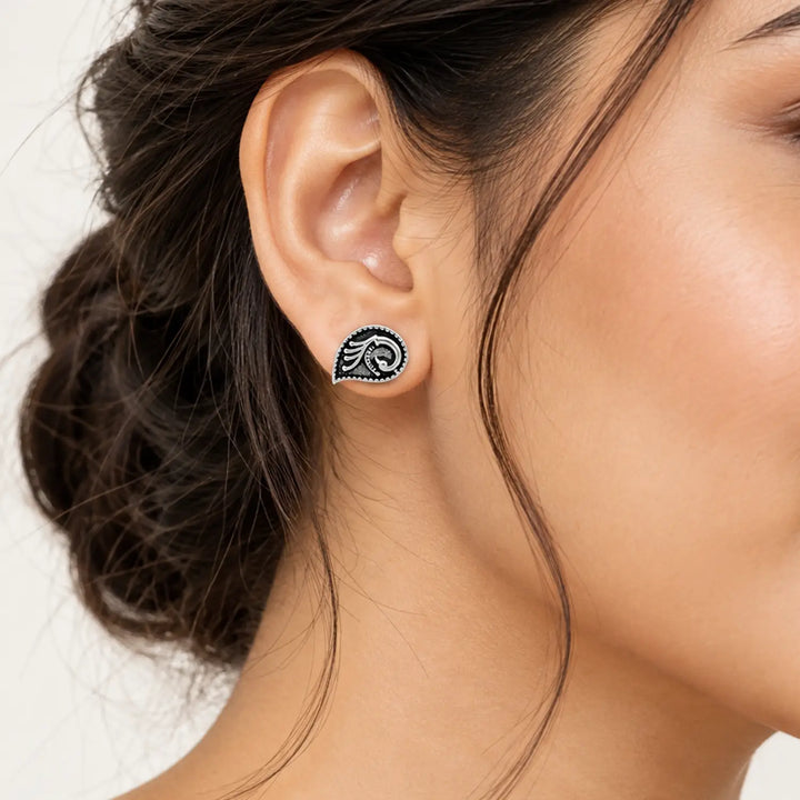 Royal Paisley Oxidised Silver Stud Earrings - Made With Pure 925 Silver