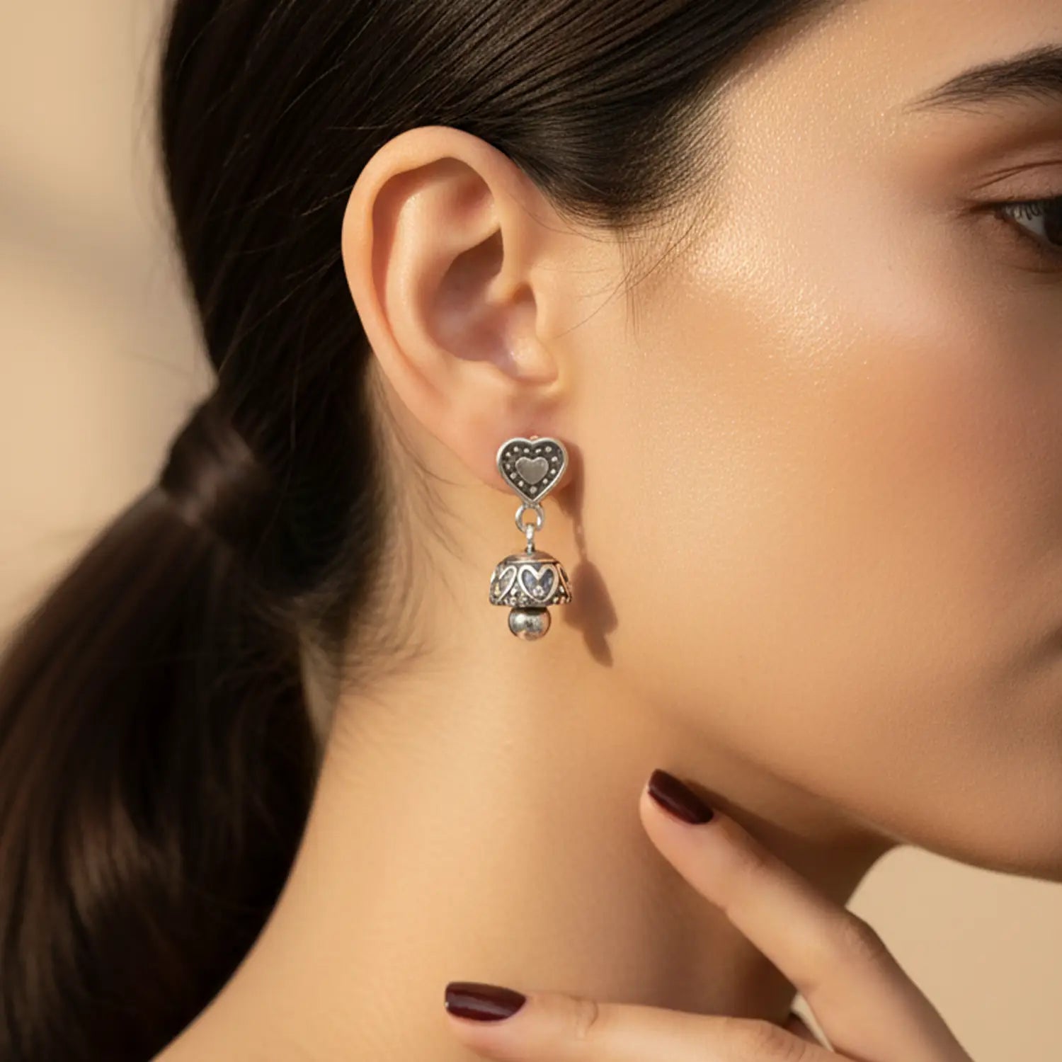 Charming Heart Design Pure Silver Jhumki Earrings- Made With Pure 925 Silver