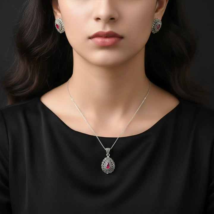 Vintage Ruby Marcasite Sterling Silver Pendant Set - Made With Pure 925 Silver