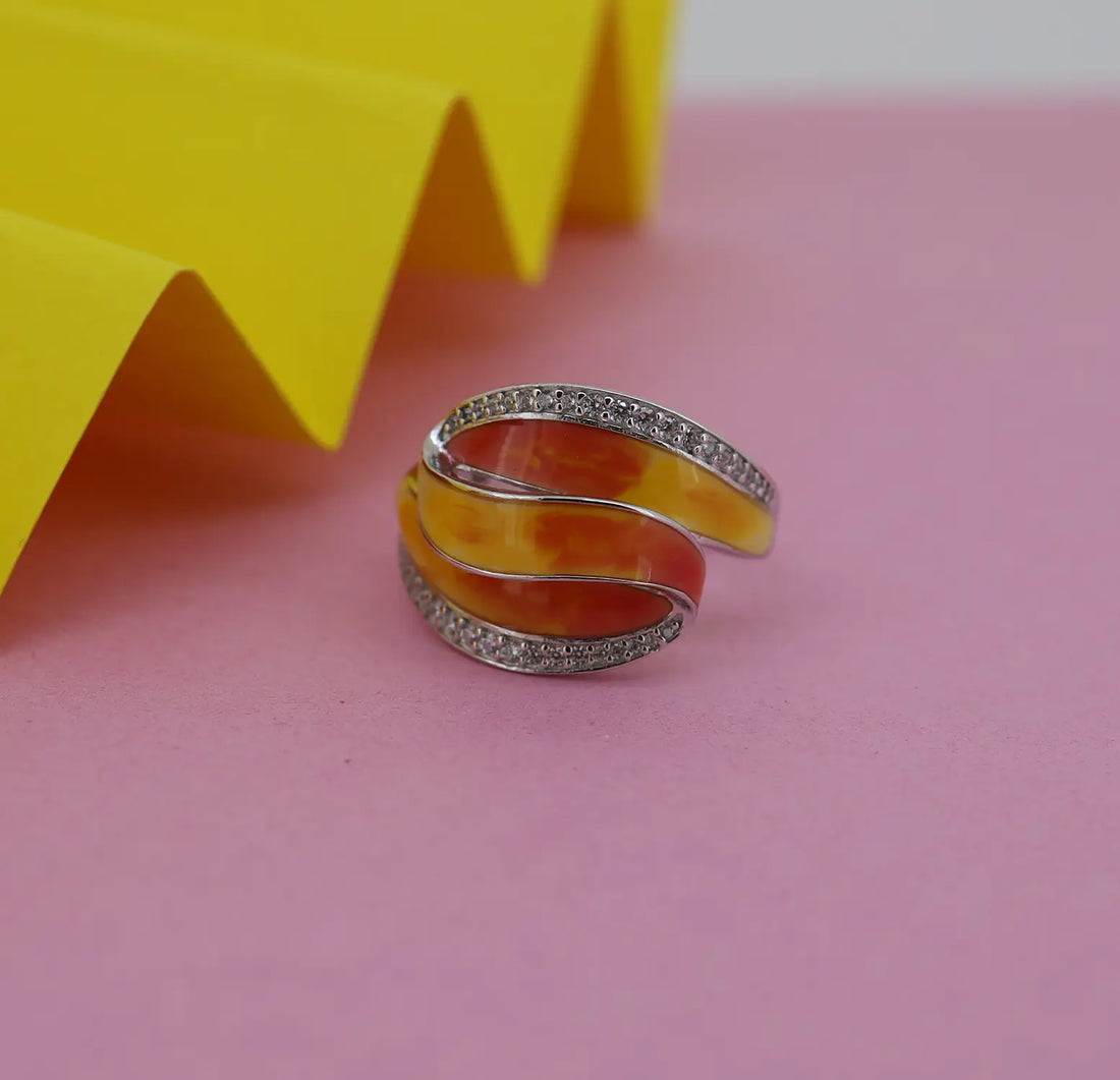 Silver Orange Enamel Wave Ring- Made With Pure 925 Silver