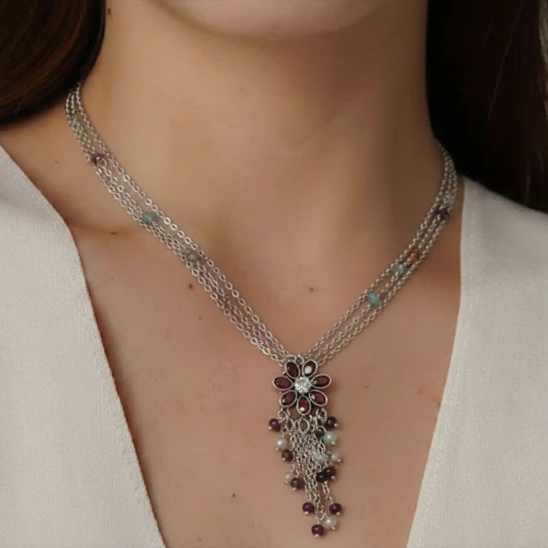 Multicolor Gemstone Floral Pure Silver Necklace- Made With Pure 925 Silver