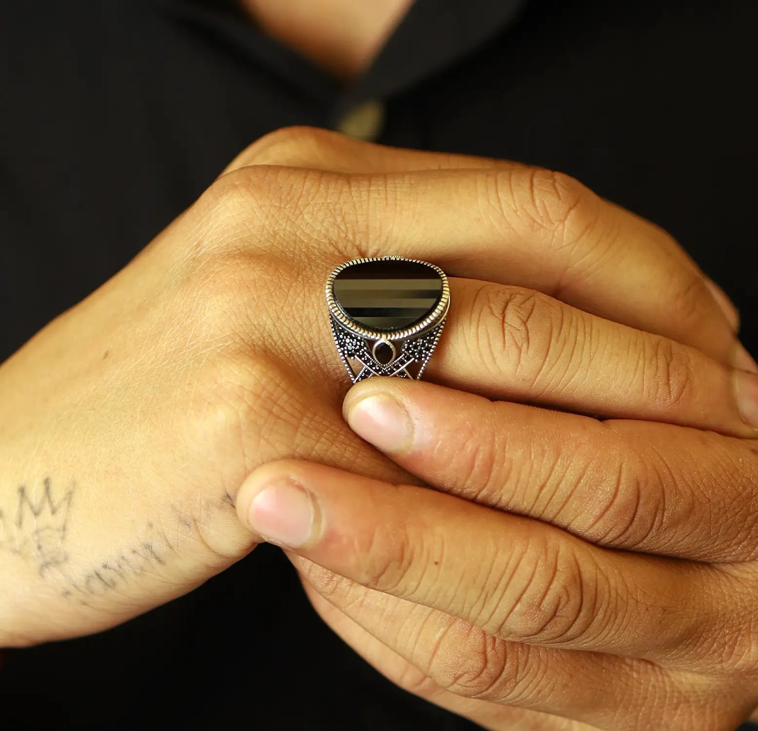 Pure Silver Black Onyx Tribal Ring - Made With Pure 925 Silver