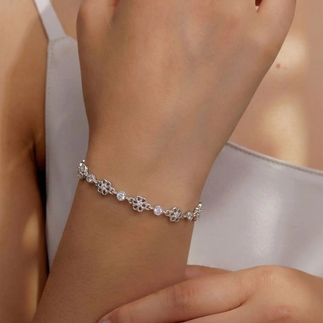 Elegant Floral CZ Chain Pure Silver Bracelet - Made With Pure 925 Silver