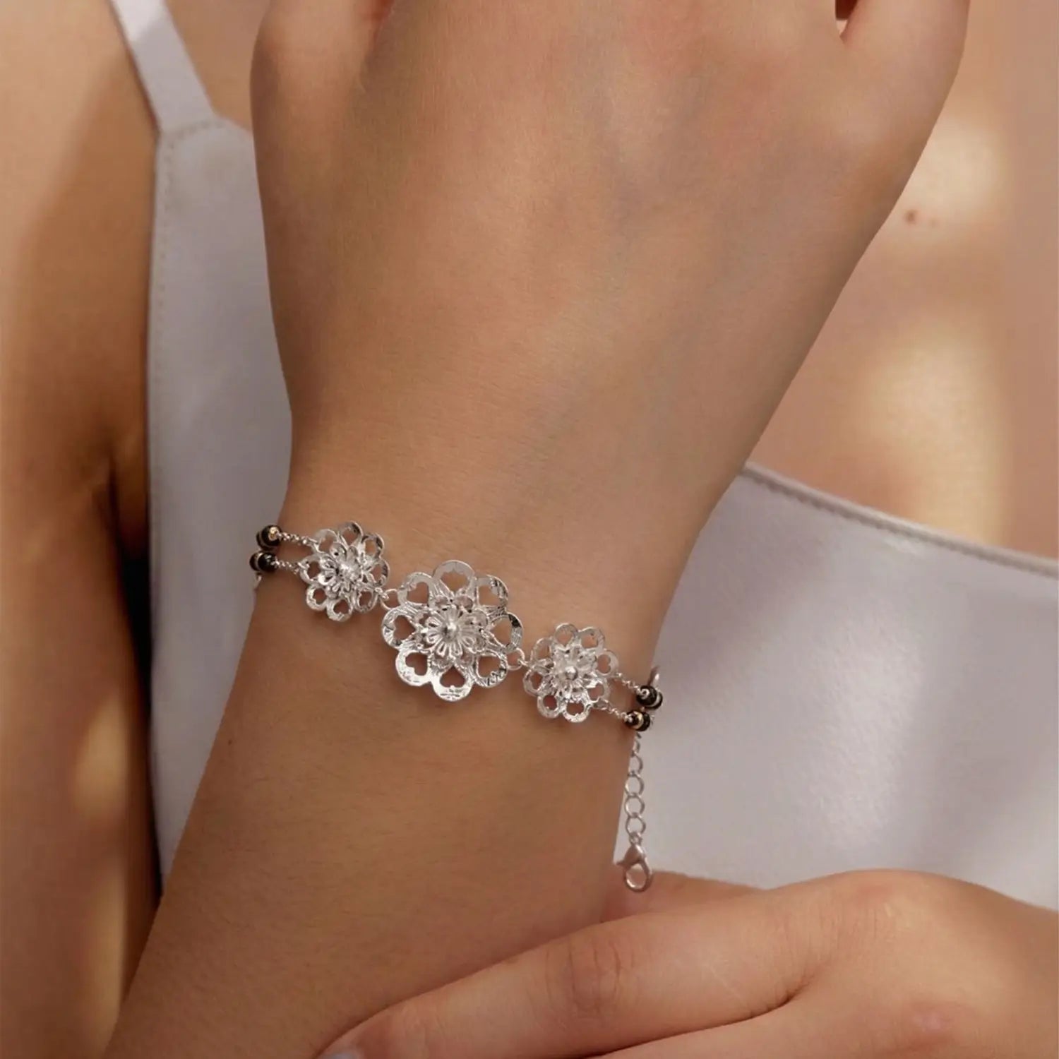 Floral Charm Mangalsutra Style Pure Silver Bracelet - Made With Pure 925 Silver
