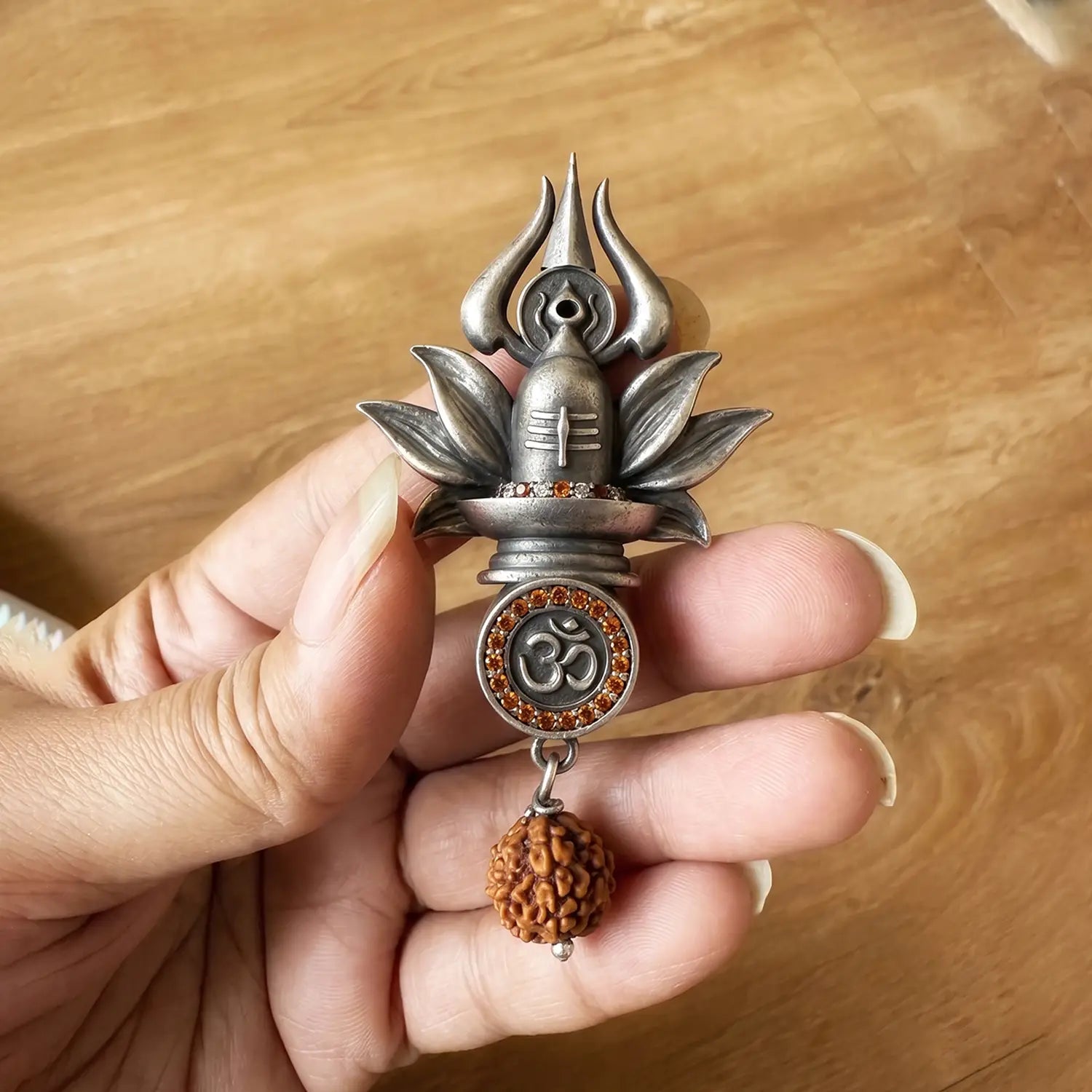 Trishul Shivling Om Rudraksha Silver Brooch - Made With Pure 925 Silver