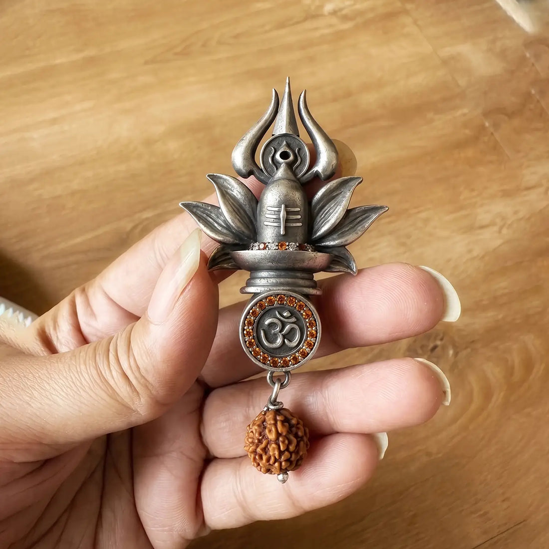 Trishul Shivling Om Rudraksha Silver Brooch - Made With Pure 925 Silver