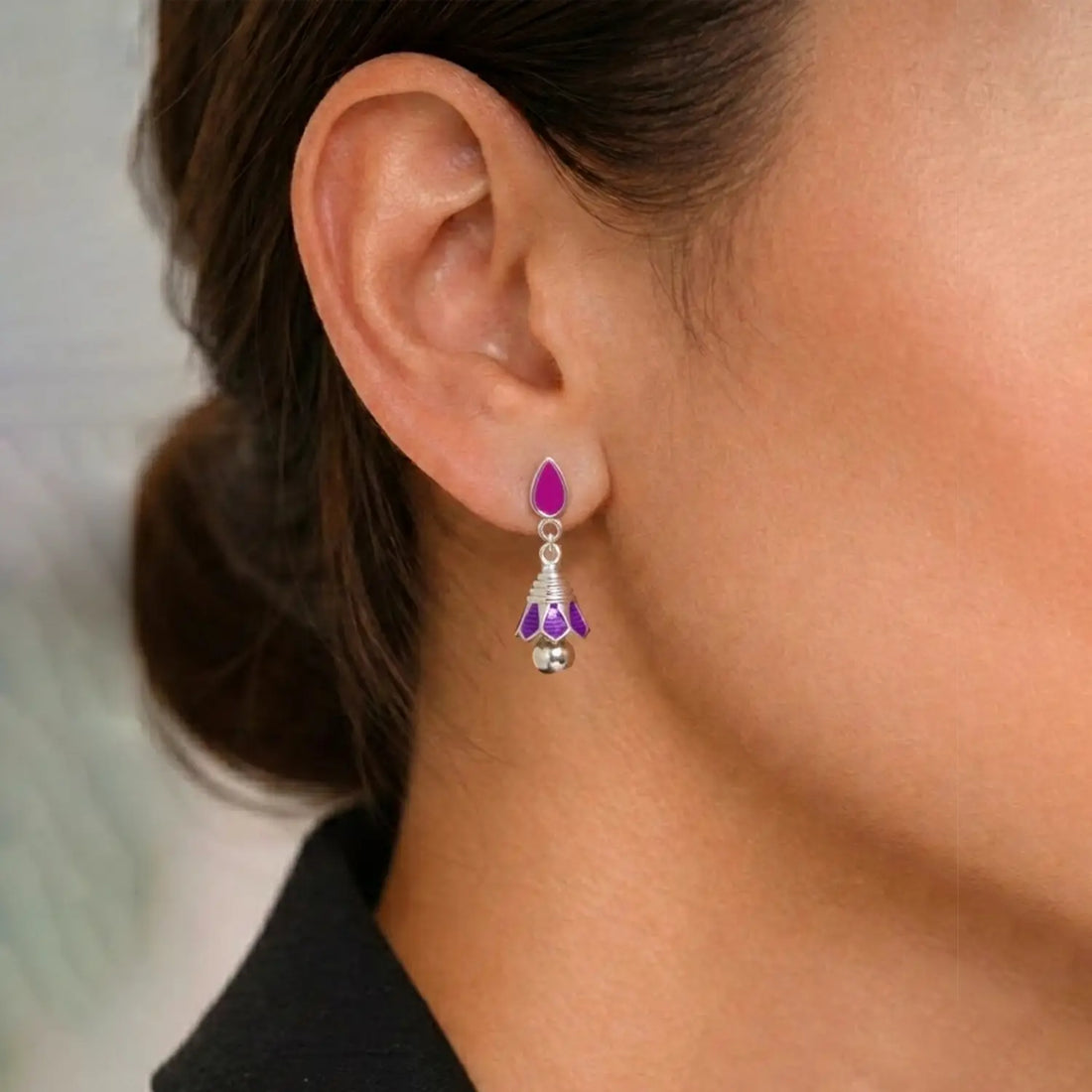 Pink & Purple Drop Pure Silver Jhumki Earrings - Made With Pure 925 Silver