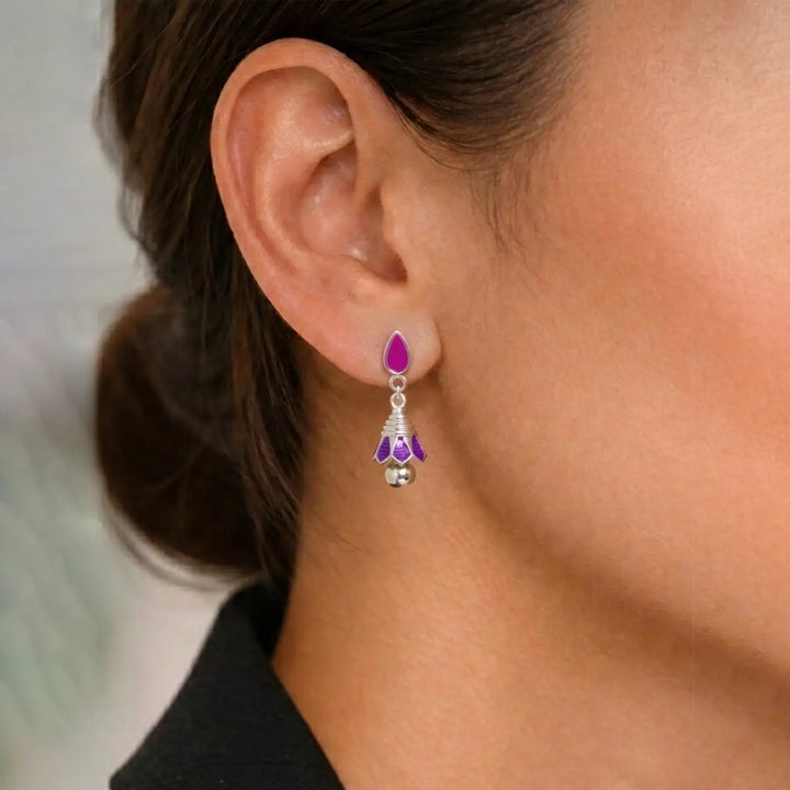 Pink & Purple Drop Pure Silver Jhumki Earrings - Made With Pure 925 Silver