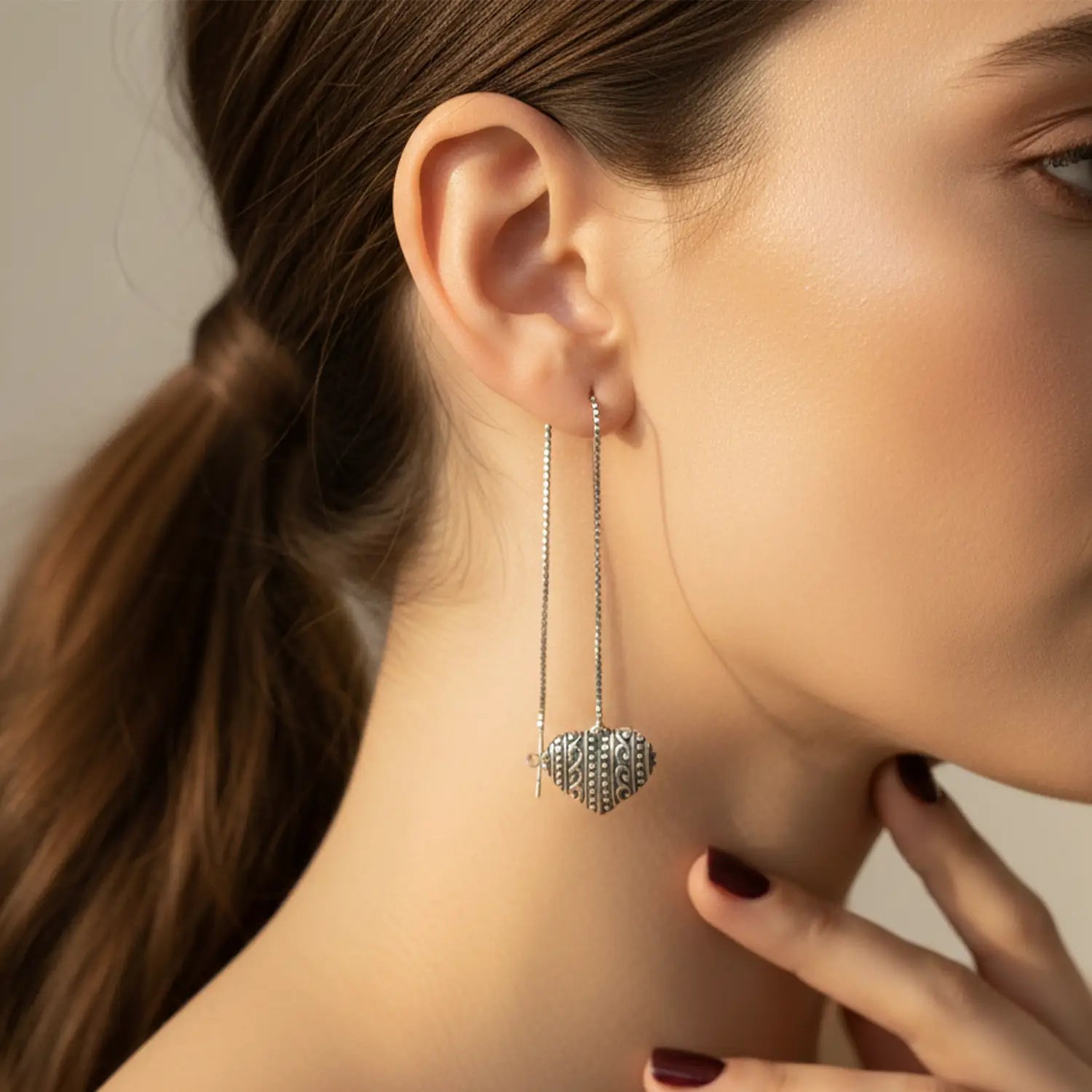 Elegant Heart Drop Pure Silver Threader Earrings - Made With Pure 925 Silver