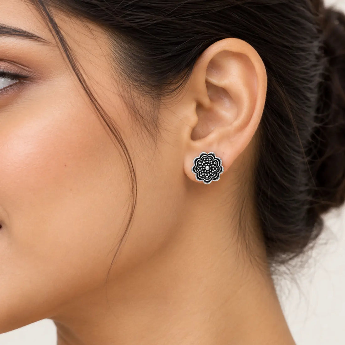 Black Enamel Floral Silver Stud Earrings - Made With Pure 925 Silver