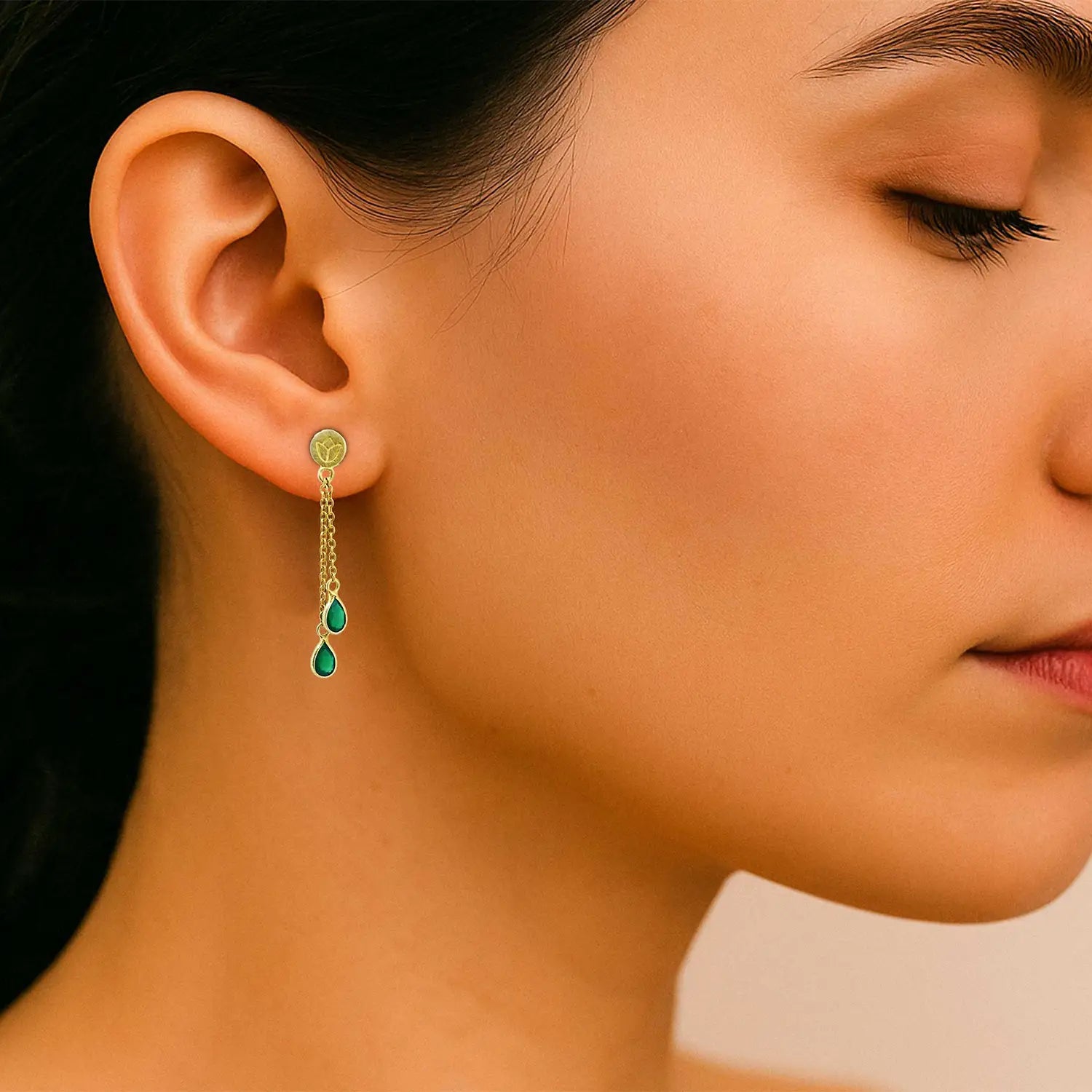 Gold-Plated Sterling Silver Green Drop Chain Earrings- Made With Pure 925 Silver