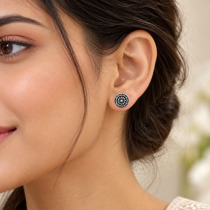 Royal Bloom Oxidised Silver Stud Earrings - Made With Pure 925 Silver