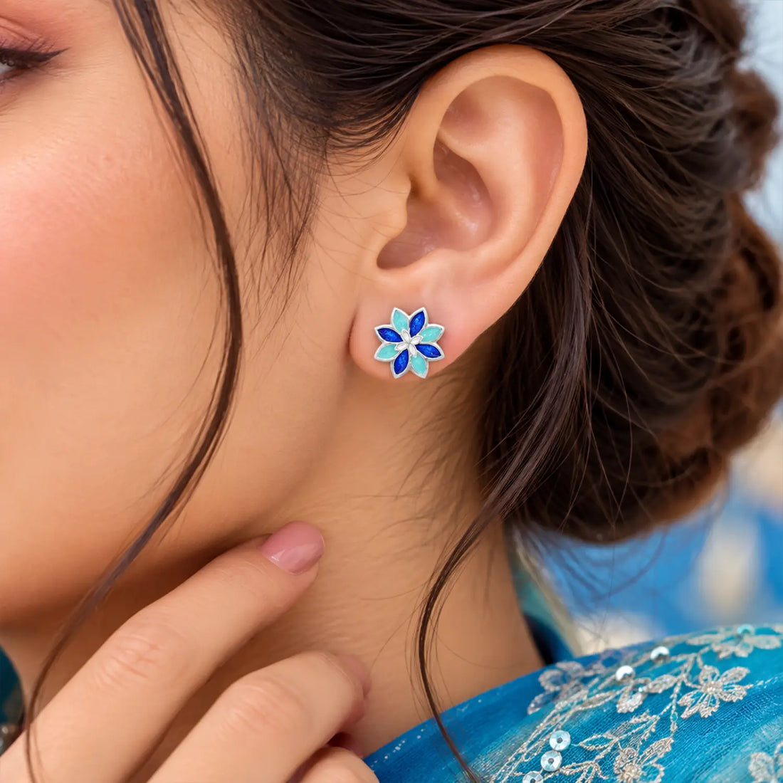 Pink Floral Gemstone Silver Stud Earrings - Made With Pure 925 Silver