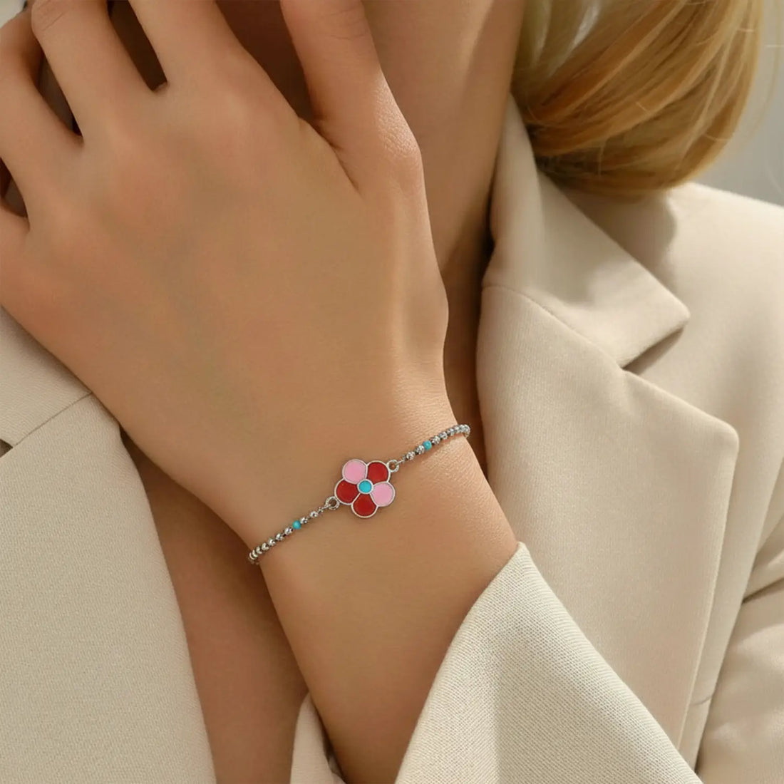 Floral Enamel Charm Pure Silver Bracelet - Made With Pure 925 Silver